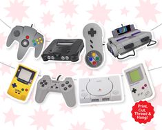 several different types of video game controllers on a white background with pink and red stars