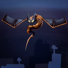 an animated bat flying over a city at night