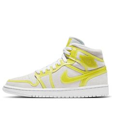 The women’s Air Jordan 1 Mid LX 'Off White Opti Yellow' is a must-have for any sneakerhead. This reconstructed take on the classic silhouette is crafted with light grey suede and die-cut overlays in a contrasting yellow finish. The mid-top design rides on a white rubber cupsole, featuring encapsulated Nike Air in the heel for lightweight cushioning. Whether you're hitting the streets or the court, this sneaker delivers style and comfort that Jordan fans have come to love. (AJ1/SNKR/Retro/Low Top Wmns Air Jordan 1, Mid Top, Grey Suede, Air Jordan 1 Mid, Womens Basketball, Jordan 1 Mid, Gray Suede, Top Design, Classic Silhouette