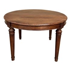 a round wooden table with two legs and an oval shaped top, on a white background