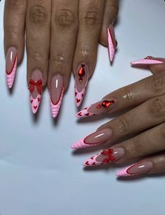 #bows #bownails #nailinstagram #naildesign Stiletto Valentine Nails, Exotic Valentines Nails, Baddie Stiletto Nails, Valentines Day Nails Baddie, Almond Valentines Nails, Nail Inspo Pink, Red Stiletto Nails, Valentines Day Nail, Bow Nails