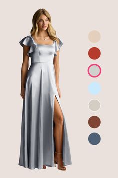 a woman in a long silver dress with slits and color swatches on the side