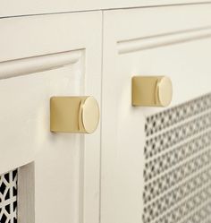 two brass handles on white cabinet doors