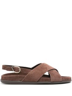 cedar brown calf suede almond open toe crossover strap at the toe buckle-fastening slingback strap branded leather insole flat rubber sole Sandals Brown, Brown Leather Sandals, Ancient Greek Sandals, Chanel 2, Greek Sandals, Loafer Mules, Iconic Bags, Demi Fine Jewelry, Summer Beach Wear