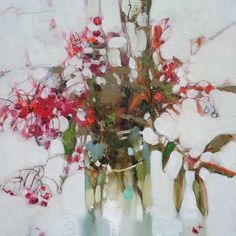 a painting of flowers in a vase on a white background with red and green accents