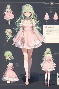 an anime character with long hair and green eyes, wearing a pink dress that has flowers on