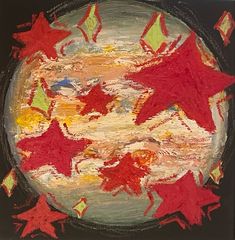 a painting with red, yellow and green leaves painted on it's surface in front of a black background