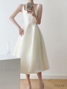 Lasaky - Simple Elegance Adult Evening Party Banquet Satin Host Dress for Wedding Occasion and Everyday Wear Summer Wedding A-line Gown, Solid Dresses For Banquet During Party Season, Elegant A-line Wedding Dress For Banquet, Summer A-line Wedding Dress, A-line Wedding Dresses For Party Season, A-line Bridesmaid Evening Dress For Party Season, White Summer Wedding Dress For Banquet, Elegant White Sleeveless Tea Length Dress, White A-line Tea Length Formal Dress