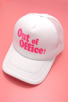 Unleash your laid-back style with the "Out of Office" Trucker Hat Cap. This trendy fusion of relaxation and fashion features a playful "Out of Office" motif, perfect for when you're in chill mode. With a classic trucker design and adjustable velcro, it offers comfort and versatility for any occasion. Made with a blend of cotton and polyester, it's the ultimate accessory for those who don't take themselves too seriously. (Height: 6", Brim: center 2.75", Circumference: 22") Funny Trucker Hat With Curved Brim, Playful White Trucker Hat For Spring, Trendy 5-panel Summer Baseball Cap, Trendy Summer 5-panel Snapback Hat, Trendy 5-panel Snapback Hat For Summer, Funny Trucker Hat, One Size Fits Most, White Trucker Hat With Letter Print Visor, Fun Trucker Hat With Letter Print, Funny Trucker Hat One Size