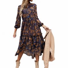 Vestido Casual OL Lady Vintage Maxi Dress Polyester Dress  Floral Print V Neck Long Shirt Dress for Dress For Vacation, Vintage Maxi Dress, Long Shirt Dress, Polyester Dress, Vestido Casual, Dress Floral, Long Shirt, Floral Print Dress, Floral Print