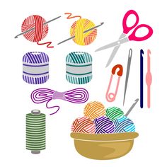 a bowl filled with yarn, scissors and knitting needles next to some balls of yarn