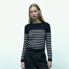 New Navy Not Oversized Casual Striped Zara Sweater, Zara Striped Sweater For Spring, Spring Striped Zara Sweater, Rib Knit Sweater, Rib Sweater, Zara Sweater, Ribbed Knit Sweater, Striped Sweater, Ribbed Sweater