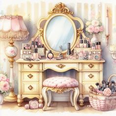 a painting of a dressing table with a mirror