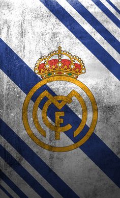 the real madrid crest is painted on an old metal plate with blue and white stripes