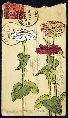 an old postcard with flowers on it and a stamp in the middle that says, i love you