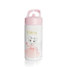 a pink and white water bottle with a cartoon mouse on the front, wearing a pink dress