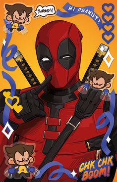 an image of a deadpool character with some stickers on it