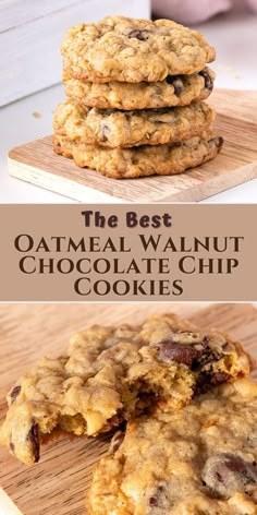 oatmeal walnut chocolate chip cookies stacked and with a bite taken out Crispy Oatmeal Chocolate Chip Cookies, Walnut Chocolate Chip Cookies, Recipe Easy Quick, Walnut Cookie Recipes, Chocolate Chip Walnut Cookies, Walnut Recipes, Easy Oatmeal, Walnut Cookies