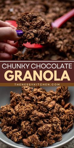 A delicious snack recipe featuring chunky granola! Not only is this homemade chocolate granola tasty and fun to eat, but they are also healthy. You can even enjoy it as a simple breakfast idea! Check out some variations you can try! Chunky Granola Recipe, Healthy Chocolate Granola, Homemade Chocolate Granola, Chunky Granola, Chocolate Granola Recipe, Homemade Granola Healthy, Granola Clusters