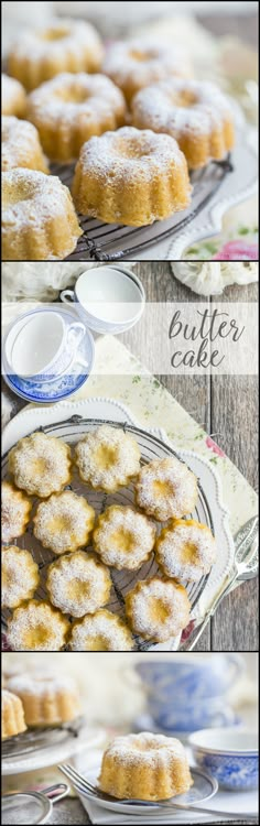 a plate full of powdered sugar cookies on top of a wooden table next to cups and saucers