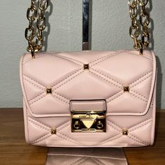 Vegan Leather 7.5" X 5.5" X 2.5" Feminine Pink Michael Kors Bag, Trendy Pink Michael Kors Shoulder Bag, Pink Shoulder Bag With Gold-tone Hardware For Evening, Michael Kors Blush Shoulder Bag With Gold-tone Hardware, Michael Kors Pink Shoulder Bag For Evening, Michael Kors Luxury Shoulder Bag In Blush, Michael Kors Luxury Blush Shoulder Bag, Luxury Michael Kors Blush Shoulder Bag, Pink Shoulder Bag With Gold-tone Hardware For Party