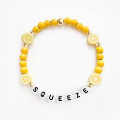 6mm yellow howlite with polymer clay lemon beads and your choice of 14k gold filled or sterling silver accents (4mm and 6mm) Variation may occur in sizing, color, and pattern due to the handmade nature of the beads. ⚠ Please note that our bracelets are not intended to be worn by children 5 and under. Yellow Beaded Bracelets With Round Beads For Everyday, Yellow Round Bead Bracelets For Everyday, Yellow Round Beads Bracelet For Everyday, Yellow Beaded Bracelets For Everyday, Adjustable Yellow Bracelet With Wooden Beads, Yellow Jewelry With Letter Beads For Gift, Personalized Adjustable Yellow Beaded Bracelets, Personalized Yellow Bracelets With Round Beads, Casual Hypoallergenic Yellow Jewelry