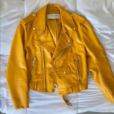 Zara Mustard Yellow Faux Leather Jacket Sz Small. Brand New Without Tags. 100% Polyester. Comes With Matching Optional Belt. Yellow Leather Long Sleeve Outerwear, Yellow Leather Jacket For Winter, Yellow Leather Winter Outerwear, Yellow Fitted Long Sleeve Biker Jacket, Yellow Leather Jacket With Long Sleeves, Yellow Long Sleeve Leather Jacket, Yellow Fitted Biker Jacket, Yellow Fitted Casual Biker Jacket, Fitted Yellow Biker Jacket Casual Style