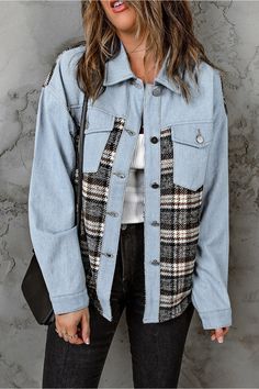 This stylish Plaid Pocketed Button Up Denim Jacket is the perfect addition to any wardrobe. Made with high-quality denim, it features a classic plaid pattern and functional pockets. This versatile jacket will keep you both fashionable and warm. Features: Pocketed Stretch: No stretch Material composition: 75% cotton, 25% polyester Care instructions: Machine wash cold. Tumble dry low. Imported Product measurements:S:Bust 41.34 in, Shoulder 21.85 in, Sleeve Length 21.46 in, Top Length 27.56 inM:Bus Trendy Winter Denim Jacket With Patch Pockets, Winter Button-up Denim Jacket With Pockets, Long Sleeve Denim Jacket With Buttoned Pockets For Fall, Winter Denim Jacket With Buttoned Pockets, Long Sleeve Denim Jacket With Buttoned Pockets For Winter, Winter Long Sleeve Denim Jacket With Buttoned Pockets, Trendy Plaid Cotton Outerwear, Casual Winter Denim Jacket With Buttoned Pockets, Denim Blue Winter Outerwear With Buttons