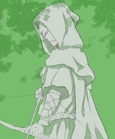 a drawing of a person holding a bow and arrow in front of green background with trees