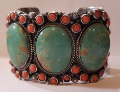 Native American Large Wide Turquoise & Coral Cuff Bracelet Signed LB (188.47 gr) | eBay Vintage Native American Jewelry 1stdibs, Turquoise Jewelry Indian, Antique Turquoise Jewelry, Turquoise Coral Jewelry, Turquoise Jewelry Necklace, Chunky Silver Jewellery, Vintage Turquoise Jewelry, Turquoise Stone Jewelry, Antique Turquoise