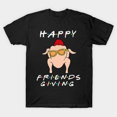 a black t - shirt with the words happy friends giving written on it and a cartoon pig wearing sunglasses