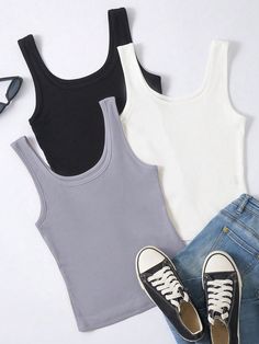 Women's Plain Minimalist Sleeveless Tank Top Grey Casual   Knitted Fabric Plain Tank High Stretch  Women Clothing, size features are:Bust: ,Length: ,Sleeve Length: Solid Tank Tops, Scoop Neck Tank Top, Elegant Dresses Long, Summer Tank Tops, Tank Top Cami, Tankini Top, Sleeveless Tank Top, Pajamas Women, Colorful Leggings