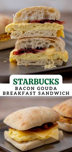 two pictures of sandwiches stacked on top of each other with the words starbucks bacon gourmet breakfast sandwich