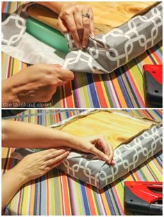 two pictures showing how to make a diy project with wrapping paper and duct tape