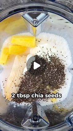 ingredients in a blender to make chia seeds and banana smoothie recipe for breakfast