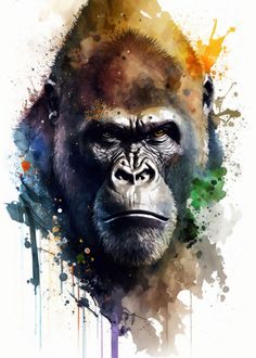 a watercolor painting of a gorilla with paint splatters on it's face