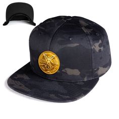 The Centenario Hat features a printed leather patch inspired by the Mexican 50 pesos gold bullion coin. The patch is adhered to a classic flatbill snapback and adds a unique touch to your attire while honoring your cultural heritage. Patch Details:UV ink printed on white leatherThe leather patch measures 2 ⅛" in diameterAttached to the hat with industrial strength adhesive Snapback Hat Details: - Visor: Flat Bill, Green Bottom- Profile: High- Crown: 3 3/4"- Panels: 6 Gold Snapback Baseball Cap For Streetwear, Gold Snapback Hat For Streetwear, Gold Flat Bill Hat For Streetwear, Flat Bill Snapback Hat With Logo Patch, Gold Snapback Hat With Flat Brim For Streetwear, Gold Bullion Coins, Multicam Black, Bullion Coins, Green Bottom