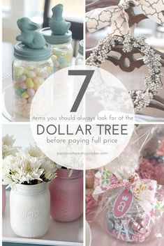 the collage shows different types of dollar tree decorations and jars with flowers in them