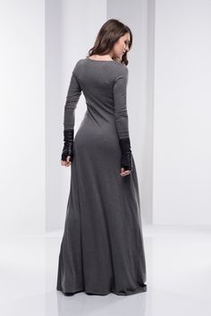 "Long Sleeve Maxi Dress, Maxi Dress for Women, Plus Size Maxi Dress ♠ Combine it with the black vest>> https://etsy.me/2FfrgbE the sweater>> https://etsy.me/2DC5mha the wool vest>> https://etsy.me/2FfrIXo and the gloves>> https://etsy.me/2PZOO8z ♠ Nothing like the beauty of a simple and feminine maxi gown that hugs the body at all the right places. Enjoy the soft embrace of this alluring minimalist piece during the day or pair with a statement accessory for a radiant even Black Bohemian Dress For Winter, Gray Bohemian Dresses For Fall, Gray Bohemian Dress For Fall, Bohemian Gray Dresses For Fall, Modest Casual, Maxi Dress Winter, Plus Size Maxi Dress, Maxi Dress For Women, Cotton Long Dress