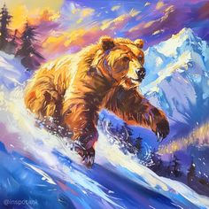 a painting of a bear skiing down a mountain