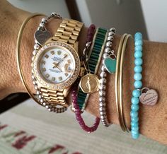 Watch And Beaded Bracelet Stack, Women’s Rolex Stack, Mix Metal Bracelet Stack, Bracelet Stack Happygolicky Jewelry, Multicolor Bohemian Stacked Bracelets, Jewelry Essentials, Wrap Watch, Dream Jewelry, Random Things