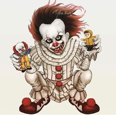 a drawing of a creepy clown with his hands in the air while holding two small toys