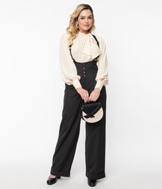 Get the gang together, dolls! Stay a step ahead of the fuzz with these fabulous suspender pants from Unique Vintage, boasting a jet black silhouette. Crafted in a marvelously woven fabric blend, the Thelma Pants feature a wide banded high waist cinched in with a darling button up front and secured by adjustable suspender straps, easily removable for versatile wear. Deep side pockets and wide legs with rolled cuffs make it easy to dust out! Available in sizes XS-5X while supplies last. Black Retro Fall Pants, High Waist Black Bottoms With Suspenders, Black Workwear Bottoms With Suspenders, Vintage High Waist Black Pants, Vintage High-waist Black Pants, Retro Black High-waisted Pants, Vintage Black Pants For Work, Uv Clothing, Pant Suits For Women