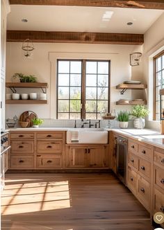 a large kitchen with wooden cabinets and white counter tops, along with open shelves on the wall