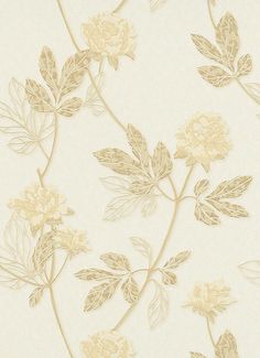 a white and gold wallpaper with flowers on it