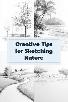 four different drawings with the words creative tips for sketching nature