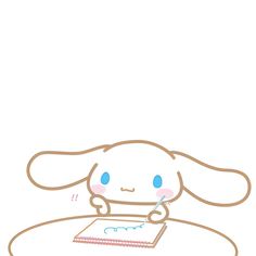 a cartoon bunny sitting on top of a table with a notebook in front of it