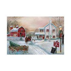 a painting of horses pulling a sleigh down a snow covered road next to houses