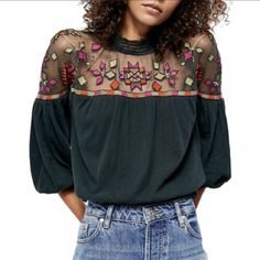 Free People Smocked Mock Neck; Back Button Closure With Keyhole Opening Machine Washable Shell: Cotton/Linen; Mesh: Nylon; Embroidery: Polyester Imported Nwot. Label Marked To Prevent Store Returns Green Blouse With Embroidered Sleeves For Spring, Casual Embroidered Top For Fall, Casual Long Sleeve Tops With Geometric Embroidery, Casual Black Embroidered Top For Fall, Black Embroidered Casual Top For Fall, Embroidered Green Blouse For Fall, Spring Black Top With Geometric Embroidery, Green Casual Embroidered Top, Black Top With Geometric Embroidery For Spring