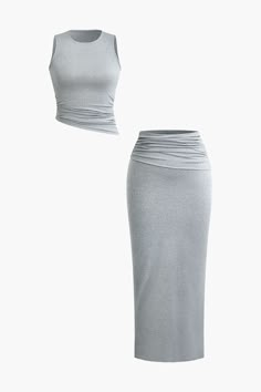 Basic Ruched Sleeveless Top And Slit Maxi Skirt Set Ruched Maxi Skirt Outfit, Two Piece Outfits Skirt, Classy Skirts, 2piece Outfits, Maxi Skirt Set, Modesty Outfits, White Fashion Casual, Classy Prom Dresses, Maxi Skirt Outfits